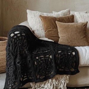 May include: A black, crocheted blanket draped over a sofa with brown and white pillows. The blanket has a geometric pattern with openwork squares. A woven basket is visible on the left.