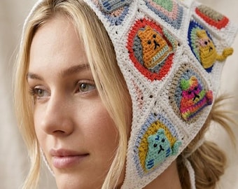 Cat Crochet Bandana, Granny Square Kitty Headband, Handmade Crochet Head Scarf, Cat Lover Accessories