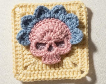 Patrón inglés de ganchillo de calavera de abuela, patrón gótico cuadrado de calavera para manta, almohada o bolsos