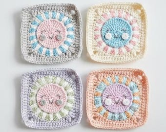 Happy Sun Baby Granny Square: Crochet Sun Pdf Pattern, Sun Motif for Baby Blankets, Pillows & Bags