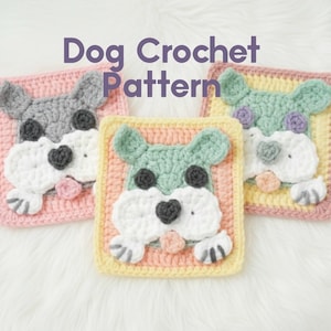May include: Three crocheted dog patterns in pink, yellow, and peach squares. Each dog has a different color scheme, including gray, mint green, and white. The text "Dog Crochet Pattern" is at the top.