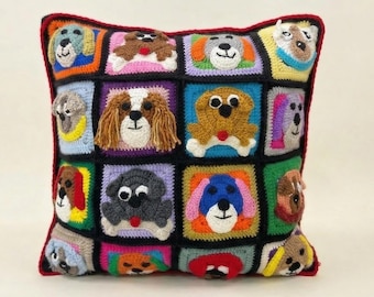 Crocheted Dog Pillow, Granny Square Cushion, Animal Throw Pillow, Knit Decorative Cushion