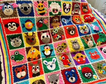 Colorful Animal Granny Square Baby Blanket | Handmade Crochet Zoo Blanket |  Cotton Nursery Blanket | Unique Baby Shower Gift