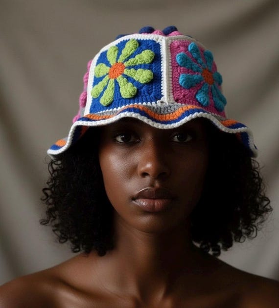 Flower Bucket Crochet Handmade Hat: Colorful Flower Square  display picture 3