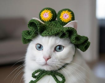 Gorro de rana de ganchillo para gato: Gorro de rana verde para gatos, disfraz de mascota hecho a mano