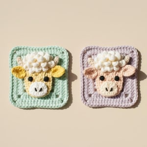 May include: Two crocheted square coasters, each featuring a cow face. One coaster has a light green border with a yellow and white cow face. The other has a lavender border with a pink and white cow face.