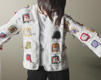 Granny Square Cat Sweater Unisex, Cat Crochet Sweater, Handmade Granny Outfit