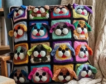Crochet Dog Pillow: Handmade Crochet 3D Dog Pillow Cover, Granny Square Cushion, 3D Whimsical Dog Decor, Boho Chic Home Accessory
