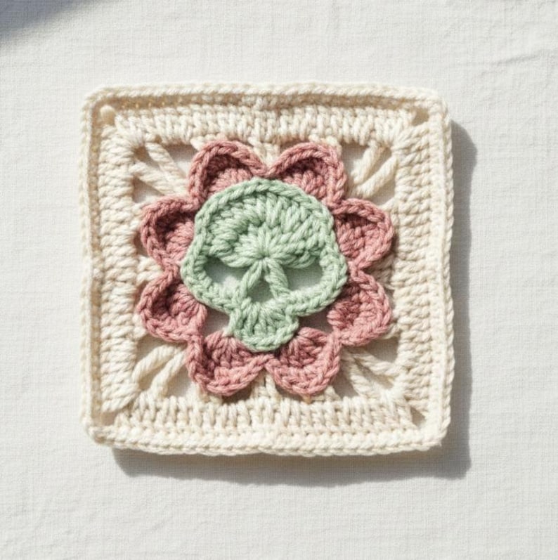 May include: A square, crocheted motif featuring a green skull at the center, surrounded by a pink flower design. The skull and flower are set against a cream-colored background, with a square border. The piece is handmade.