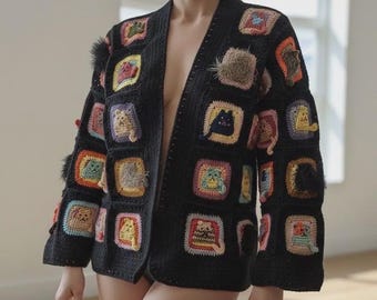 Cat Crochet Cardigan, Handmade Many Cats Sweater for Women, Hand-Knitted Granny Cardigan