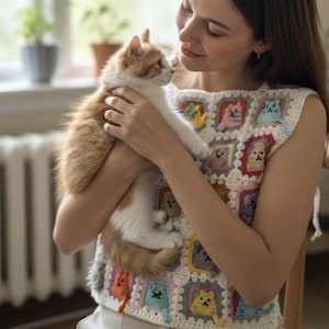 Gehäkelte Frauen Weste mit Katzen: Lucky Cats Baumwoll Weste für Frauen