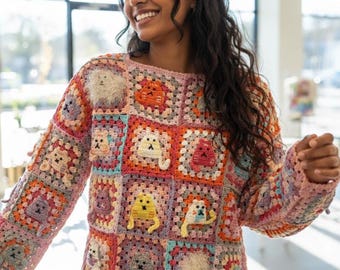 Cat Granny Square Sweater: Pullover Cotton Many Cats for Women's