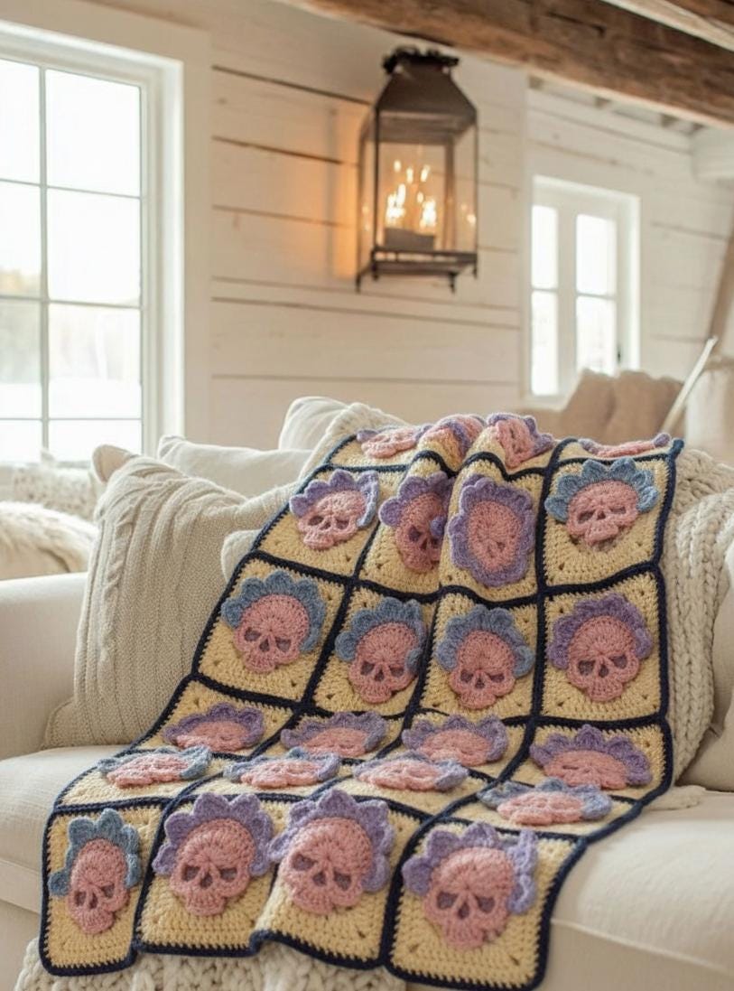 25 Skull Granny Square Crochet Patterns for Halloween, Gothic Decor, and Clever Motifs 17 Granny Square Skull Pattern: Halloween Decor Spooky Skull