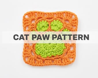 猫の足のかぎ針編みパターン：猫の足のおばあちゃんの正方形の印刷PDF、英語の猫の足のかぎ針編みの正方形のパターン
