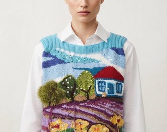 Handmade Scenic Landscape Knit Vest, Unique Nature Art Wear Vest, Landscape Knitwear Sweater, Crochet Natura Tunic for Women