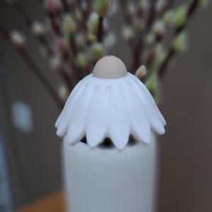 May include: A white ceramic diffuser with a daisy-shaped top and a cylindrical base. The text "Typ 1" is visible at the bottom. The background features a blurred arrangement of pussy willow branches.
