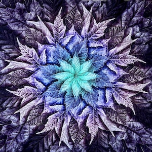 Peut inclure: Une courtepointe avec un motif en spirale de feuilles bleues, violettes et turquoise. Les feuilles sont disposées en cercle, créant un sentiment de mouvement et de profondeur.