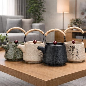 Op de afbeelding: Vier keramische theepotten in verschillende kleuren: groen, beige, zwart en crème. Elke theepot heeft een geweven handvat, een donkere tuit en een rode knop op het deksel. De theepotten staan op een houten tafel.