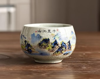 Hand-Painted Japanese Ceramic Tea Cup 140ml | Crackle Glaze Sake & Espresso Cup | Kung Fu Tea Mini Cup | Mountain Landscape Pottery Gift