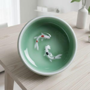 Könnte beinhalten: Eine runde, hellgrüne Keramikschale mit zwei weißen Koi-Fischfiguren im Inneren. Die Fische haben rote und schwarze Markierungen. Die Schale steht auf einer hellen Holzoberfläche.