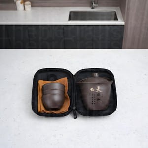 Service à thé minimaliste en céramique grise avec théière et 3 tasses | Accessoires de thé de voyage portables Kung Fu | Style asiatique moderne | Glaçage craquelé | Idée cadeau