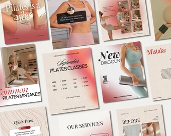 Pilates Instagram Templates | 50 Editable Canva Posts and 50 Editable Canva Stories | For Pilates Trainers, Studios, and Coaches