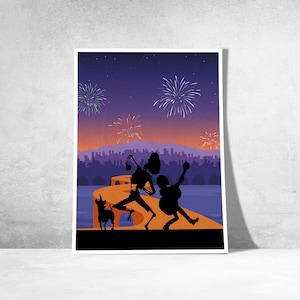 Peut inclure: Une affiche avec une illustration vibrante d'une scène festive. Des silhouettes de personnages dansant et un chien se détachent sur un fond de feux d'artifice et d'une ligne d'horizon urbaine. La palette de couleurs comprend l'orange, le violet et le bleu.