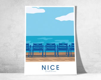 Ispirato alla Promenade des Anglais di Nizza – Poster decorativo di sedie blu | Sedie blu Nizza | Illustrazione murale della Costa Azzurra