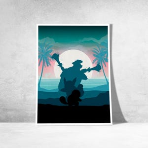 May include: A framed art print featuring a silhouette of a character holding two large clubs, with other characters in the foreground. The background shows a sunset over a beach with palm trees, in shades of blue, pink, and teal.