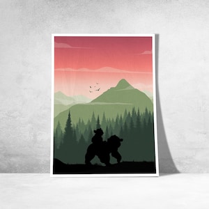 Peut inclure: Impression d'art encadrée représentant une silhouette d'ours portant un ourson dans une forêt. Le fond montre une chaîne de montagnes sous un ciel rouge et rose. L'œuvre évoque l'aventure et la nature.