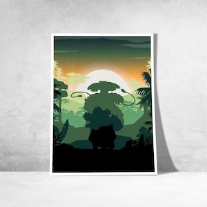 May include: A framed art print featuring a silhouette of a large, mushroom-like creature in a jungle setting. The artwork uses shades of green, orange, and black to depict the creature, trees, and a sunset. The print is displayed against a white background.