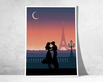 May include: A romantic art print featuring a silhouette of a couple dancing in front of the Eiffel Tower in Paris. The background showcases a gradient sky with a crescent moon, a lamppost, and a cityscape.