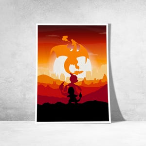 May include: A framed art print featuring a silhouette of a dragon-like creature in shades of orange and red against a sunset backdrop. The artwork depicts a stylized scene with a fiery aesthetic, evoking a sense of power and fantasy.