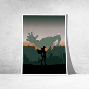 Op de afbeelding: Een ingelijste kunstdruk met een silhouet van een figuur met een zwaard en cape, tegen een gigantische figuur op de achtergrond. Het kunstwerk gebruikt groen, zwart en oranje, wat een dramatische scène creëert.