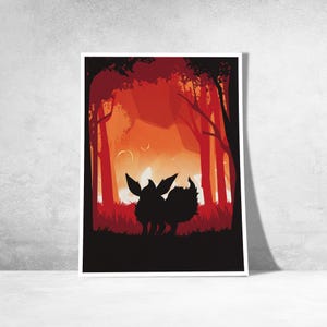 May include: A framed art print featuring a silhouette of a creature in a forest setting. The artwork has a red and orange color scheme, with the creature in black. The forest scene includes trees, grass, and a bright sky.