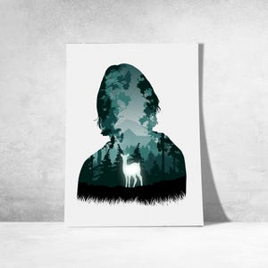 May include: A white poster featuring a silhouette of a person with a forest scene inside. The forest is in shades of green and teal, with a glowing white deer in the center. The poster is on a white background.