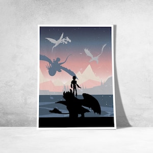 Puede incluir: Un póster enmarcado con siluetas de un niño y dragones sobre un cielo degradado rosa, azul y blanco. Otras siluetas de dragones vuelan sobre montañas. La obra evoca un tema de fantasía, con enfoque en dragones y aventura.