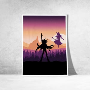 Könnte beinhalten: Ein gerahmter Kunstdruck mit einer Silhouette einer Figur, die einen Gegenstand hält, und einer anderen im Hintergrund. Der Hintergrund hat einen Sonnenuntergangsverlauf aus Orange, Lila und Rosa, mit Bergen und einem Wald.