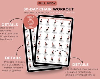 Reto de 30 días de ejercicios en silla / Tabla de ejercicios sentados / Sin equipo / Rutina de ejercicios para principiantes y personas mayores / Póster de fitness imprimible