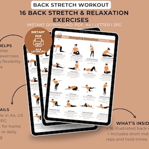 May include: Digital download of a back stretch workout guide. The guide features 16 illustrated back exercises with instructions, reps, and hold times. The PDF is printable in A4, US Letter, and JPG formats. The guide supports flexibility and posture.