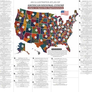 Puede incluir: Un atlas ilustrado de la cocina regional estadounidense, que mapea más de 170 platos emblemáticos por condado. El mapa de los Estados Unidos está codificado por colores por región, con una bandera estadounidense en la esquina superior derecha. El texto incluye nombres de platos y detalles regionales.
