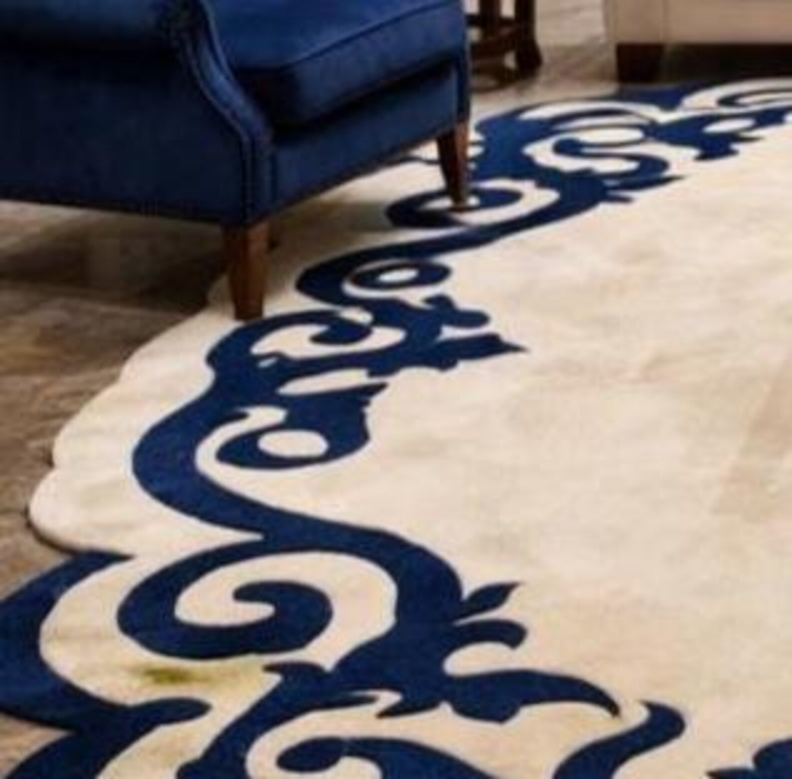 Royal Blue Ivory Baroque Area Rug – Scalloped Ornamental Border ...