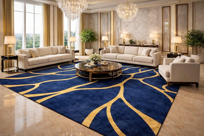 Handmade Navy & Gold Abstract Rug – Modern Tufted Carpet - Etsy