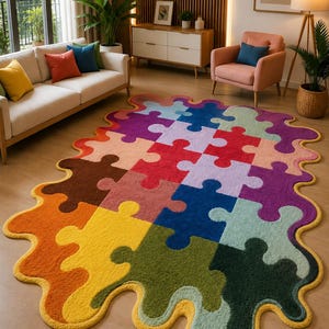 Pode incluir: Um tapete retangular grande com um padrão de peças de puzzle multicoloridas e uma borda irregular e ondulada. O tapete exibe uma paleta vibrante de segmentos vermelhos, azuis, amarelos, verdes, laranjas, roxos e castanhos com acabamento amarelo.