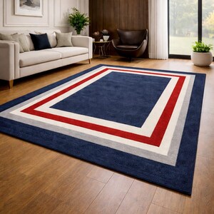 Modern Minimalist Border Rug – Navy Blue, Red & Ivory Hand Tufted Wool Carpet | Geometric Frame Design Contemporary Area Rug