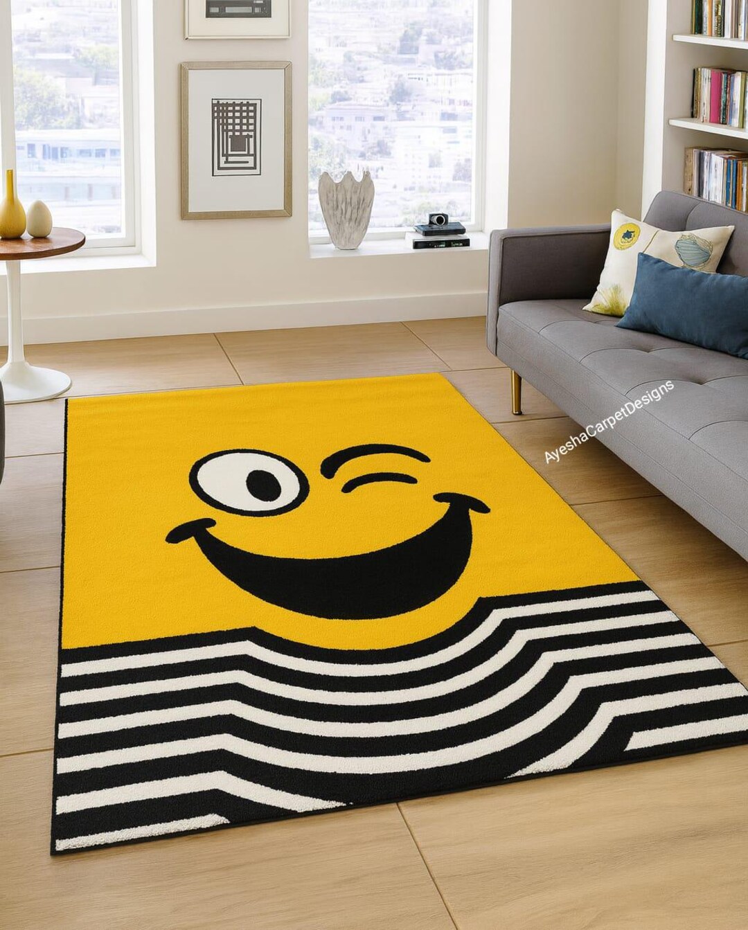 Handmade Tufted Smiley Face Rug – Yellow & Black Cartoon Carpet - Etsy