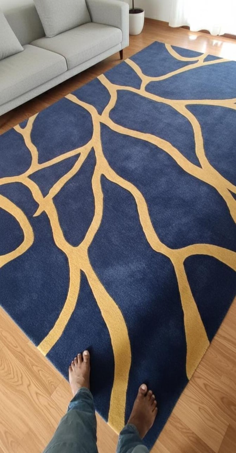 Handmade Navy & Gold Abstract Rug – Modern Tufted Carpet - Etsy