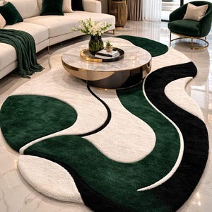 Hand Tufted Organic Wave Area Rug – Modern Abstract Green Black Ivory ...