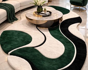 Hand Tufted Organic Wave Area Rug – Modern Abstract Green Black Ivory Carpet