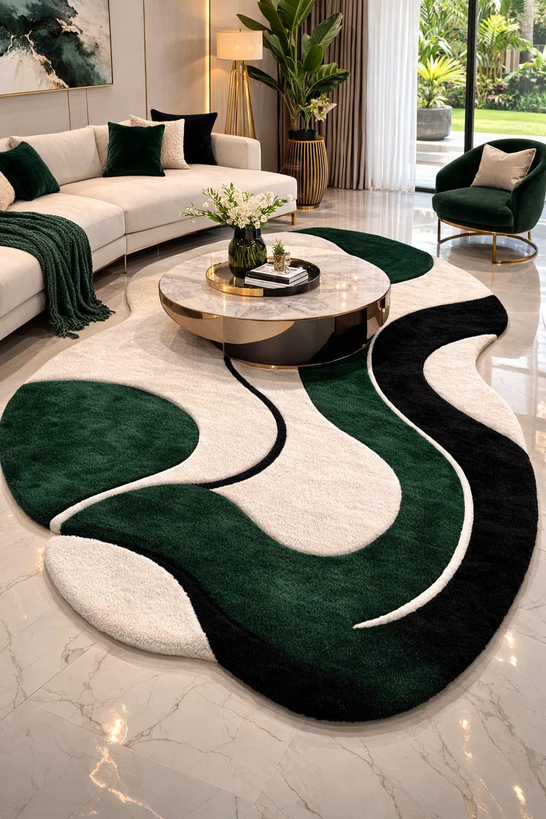 Hand Tufted Organic Wave Area Rug – Modern Abstract Green Black Ivory ...